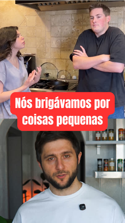criativo montado pelo VibeCut: avatar embaixo, cena do casal brigando em cima, legenda em bloco vermelho